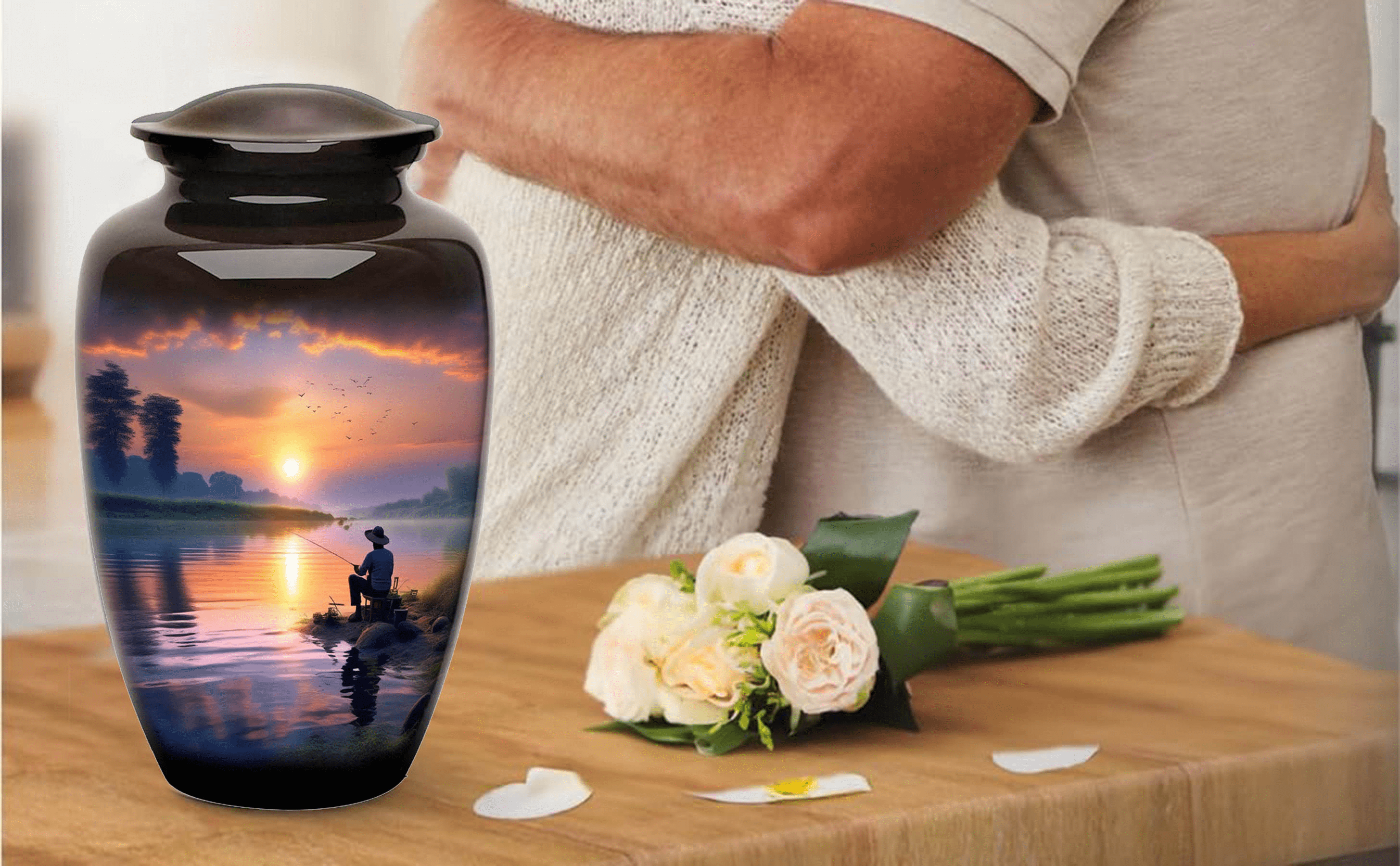 Fishing Man urn, Pictured Cremation Urn for Human Ashes, Completely Handicrafted with,Gone Large Cremation Fishing Urns for Human Ashes Adult Male Female - 200 Lbs Decorative Men Urn Fishing