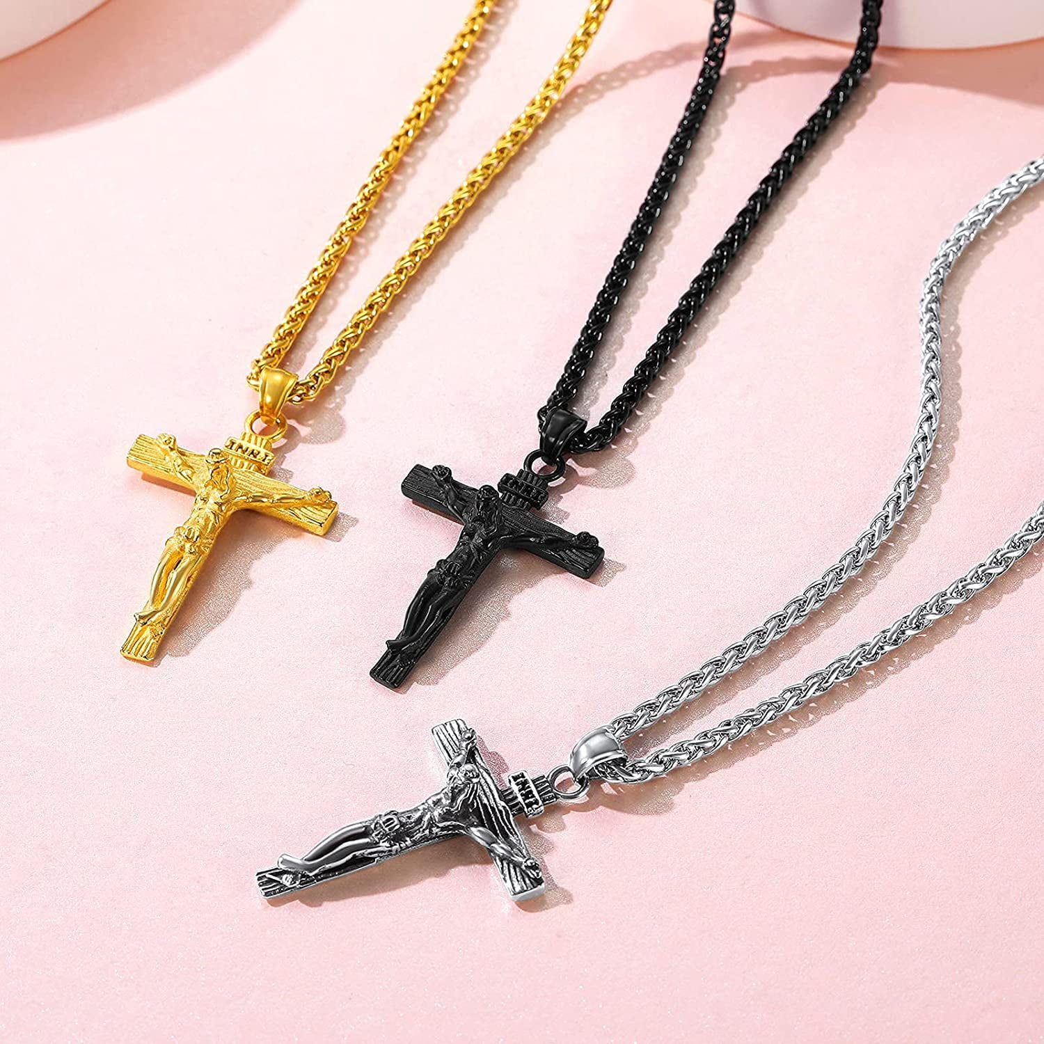 FindChic Men Cross Necklace Christian Crucifix Jewelry Stainless Steel Pendant Chain Jesus Christ Lord's Prayer Pendant with 22inch,Thanksgiving Day Gift Chain