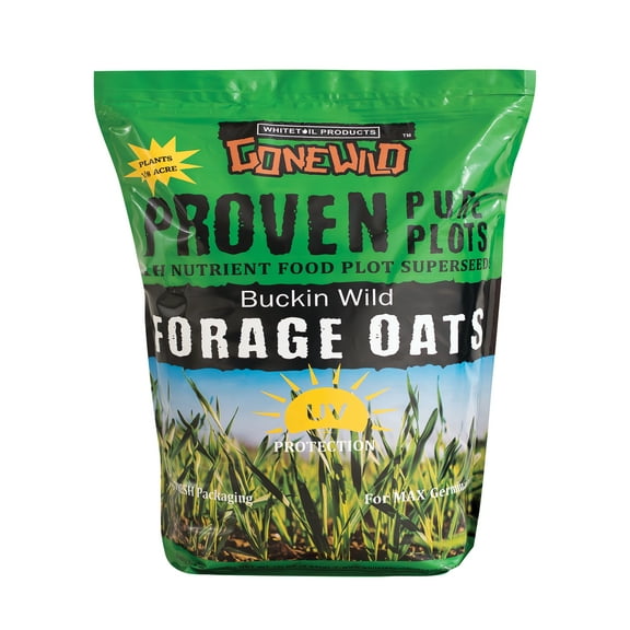Whitetail Products Gone Wild, Buckin’ Wild Forage Oats Food Plot Seeds, 12 LB., Plants 1/8 acre, UV Resistant Packaging, Maximum Germination, Nutrient Dense