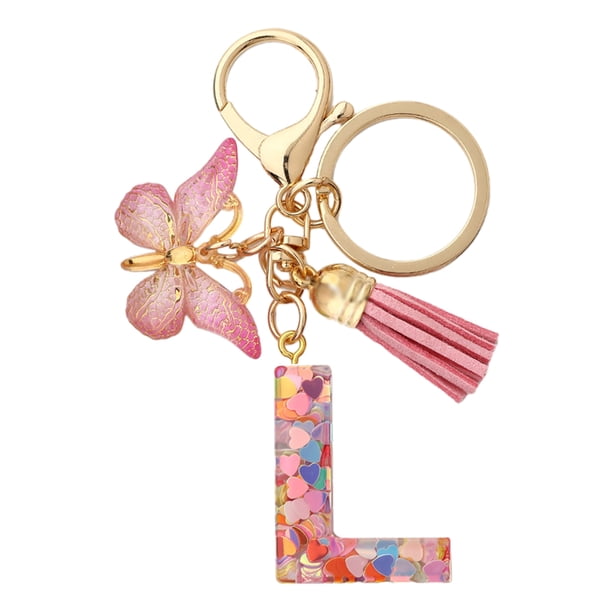 Llaveros con letras iniciales, llavero con letras del alfabeto, llavero de mariposa con borla rosa