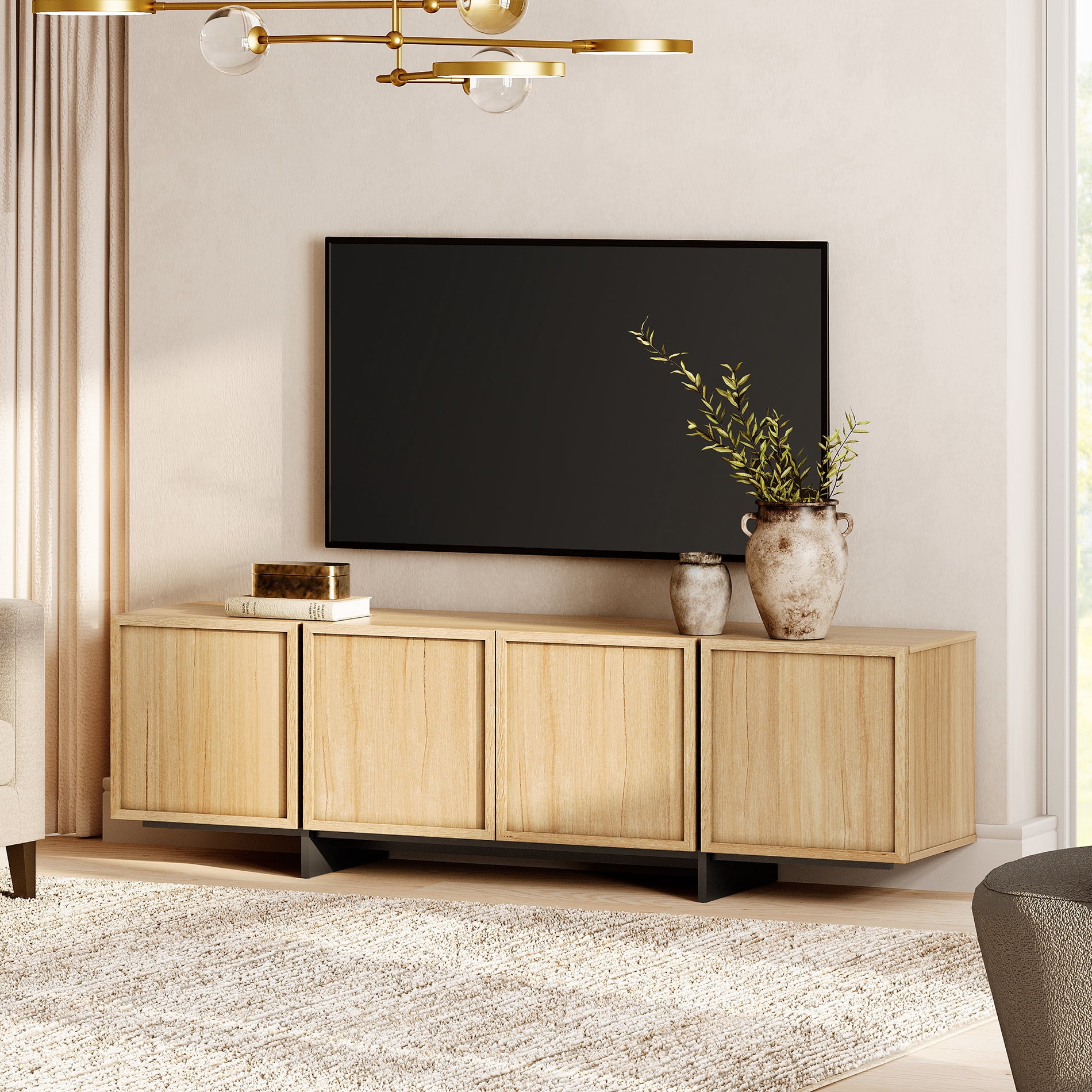 Modern 2-Piece Living Room Set, 70.9" TV Stand Entertainment Center & 57.5" 9-Compartment Storage Cabinet, 4-Door Closed Storage with T-Shaped Legs,Oak