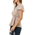 thumbnail image 4 of MODA NOVA Junior's Floral Short Sleeves High Waist Tie Neck Peplum Blouse Pink XL, 4 of 6