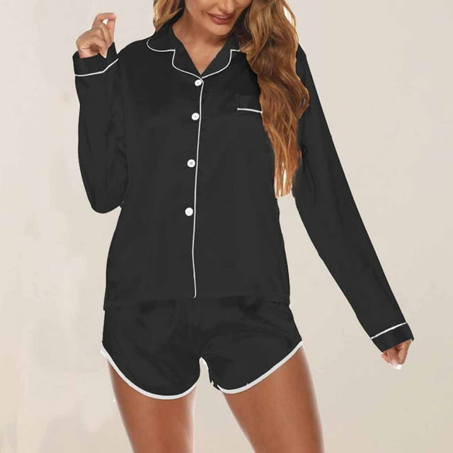 Satin Pajamas for Women, Long Sleeve Silk Pajama Set with Shorts Two