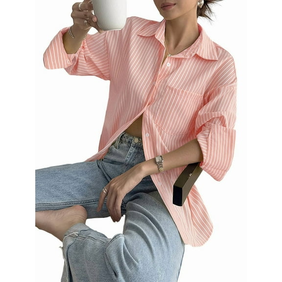 Women'S Button-Down Shirts, Striped Formal Shirts, Long Sleeves, Lapels, Office Work Shirts, Tops Pink L