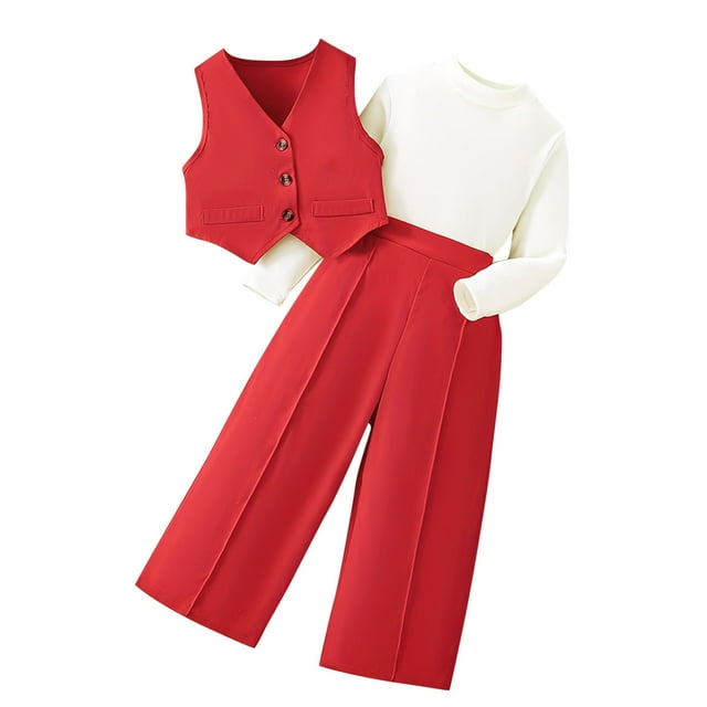 Odeerbi 3-10 Años Niñas Trajes Manga Larga Cuello Moño Tops Vestido Pantalones Chaleco Conjunto Niños Tres Piezas Conjunto