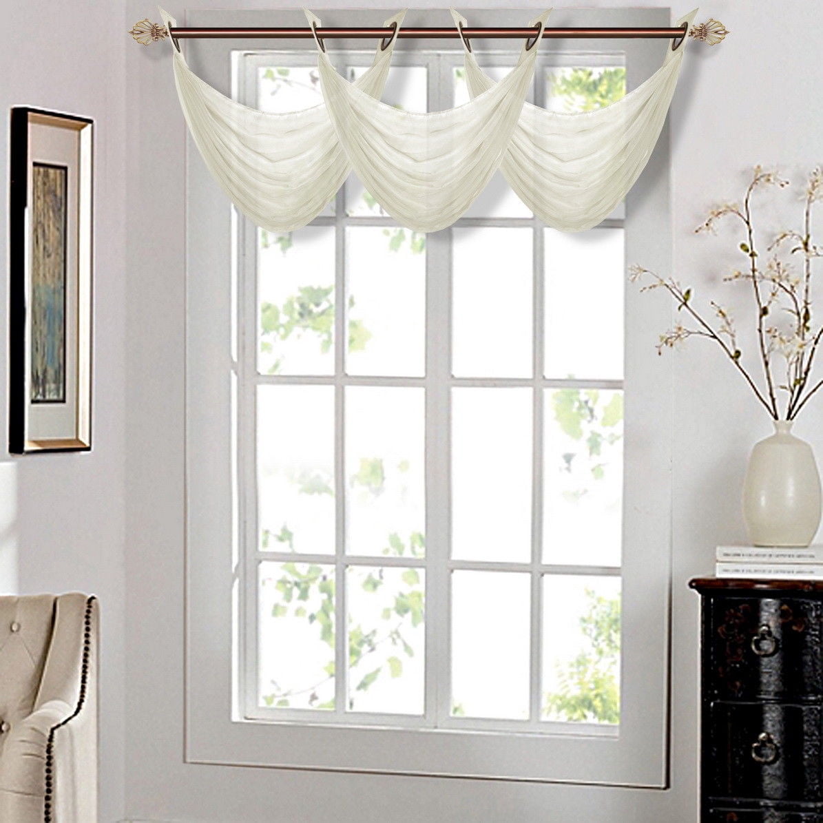 K36 IVORY 1PC Solid Voile Sheer WATERFALL Valance Window Treatment