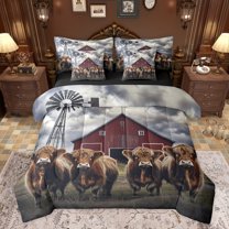 jejeloiu Highland Cow Cattle 7 Pieces Bedding Comforter Set,Farm Animal Cattle Full Bedding Set,Vintage Barn Door Fitted Sheet Flat Sheet For Adults,Breathable Home Decor Reversible