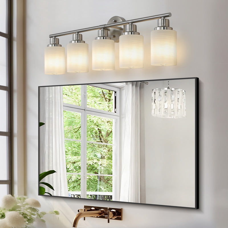 31" Brushed Nickel 5-Light Vanity Light Fixture with Frosted Glass Shades – Modern Wall Mount Bathroom Lighting for Over Mirror, Hallway, Powder Room, or Dressing Area (Bulbs Not Included)