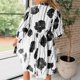 thumbnail image 4 of Vestido de Manga Corta para las Mujeres, V-Cuello Impresión Empalme Encaje Hasta Vestido Suelto, Moda Casual Midi, 4 of 9