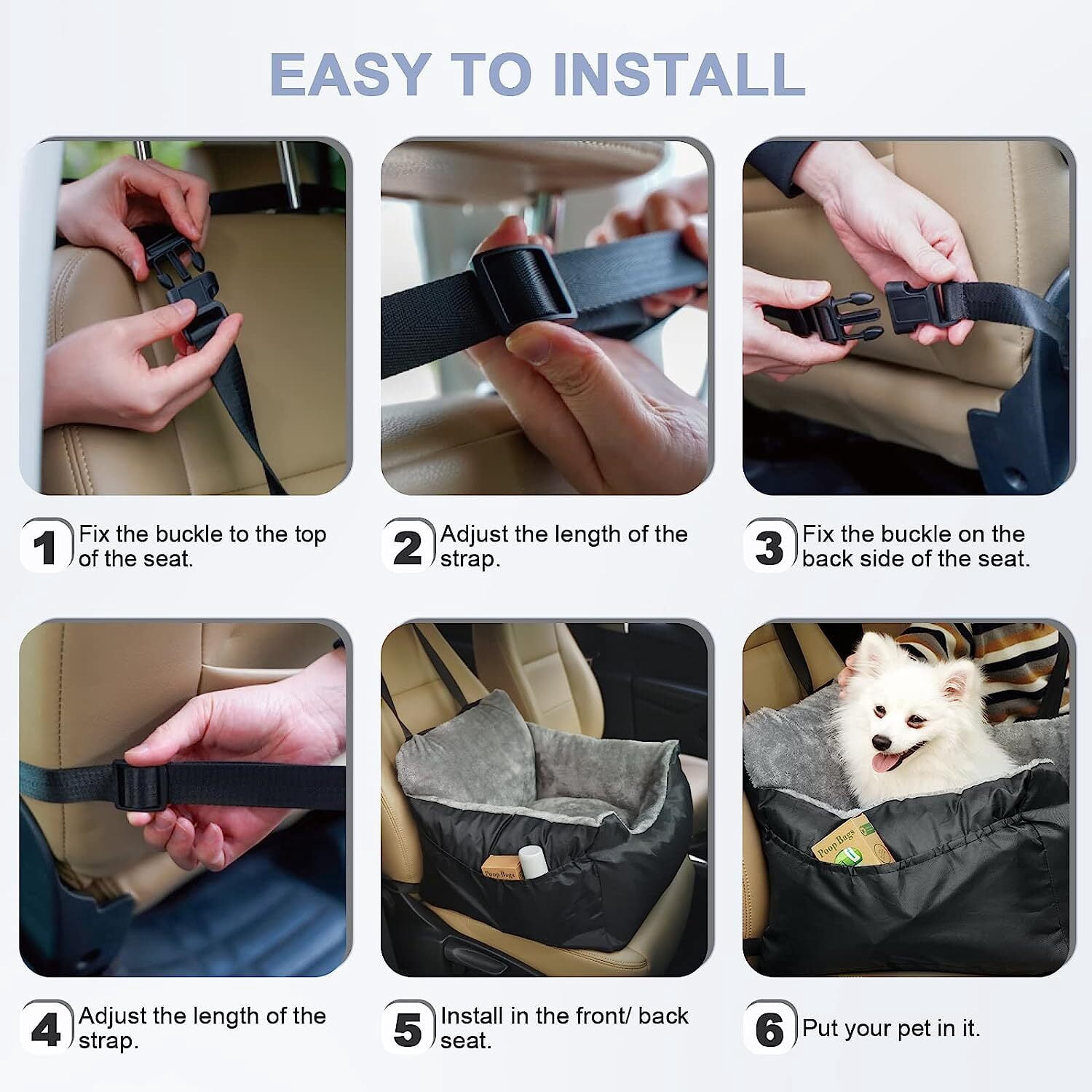 Medium Dog Car Seat, Dog Beds for Car, Pet Booster Seat, Fully Detachable and Washable, with Clip-on Safety Leash, Adjustable Straps for Small Pets up to 45lbs, Travel Carrier Bed