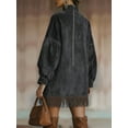 thumbnail image 6 of Women'S High Neck Suede Retro Long Sleeve Dress with Fringe Trim and Pockets Loose Fit Black XL, 6 of 8