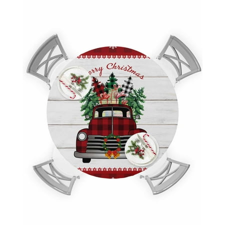 

Round Tablecloth with Elastic Merry Christmas Farmhouse Red Truck Green Tree Gift Waterproof Table Cover Wipeable Fitted Table Cloths for 36 -44 Round Tables Dining Kitchen Indoor Outdoor Use