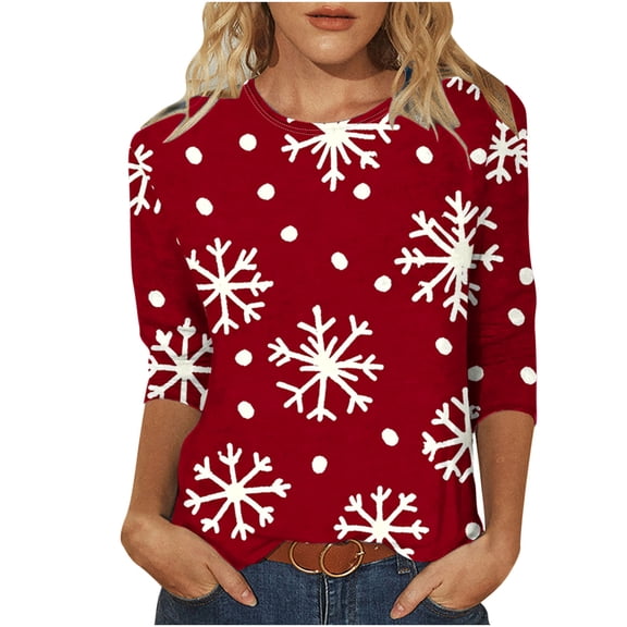 Fashion Fall Saving LiMoi Women's Christmas Snowflake Print 3/4 Sleeve Round Neck Casual Tops Tees Tshirts Shirts Blouse for Holiday Party My Items