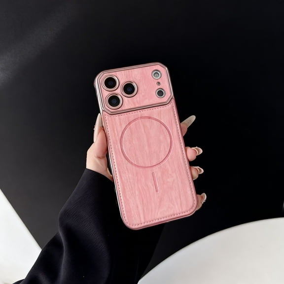 Magnetic For iPhone 16 Pro Max Phone Case,Wood Grain PU Leather Back Design,Compatible with Mag-Safe,Electroplated Bumper,Ultra Slim Anti-Scratch Shockproof Anti-fall Durable Phone Case,Pink
