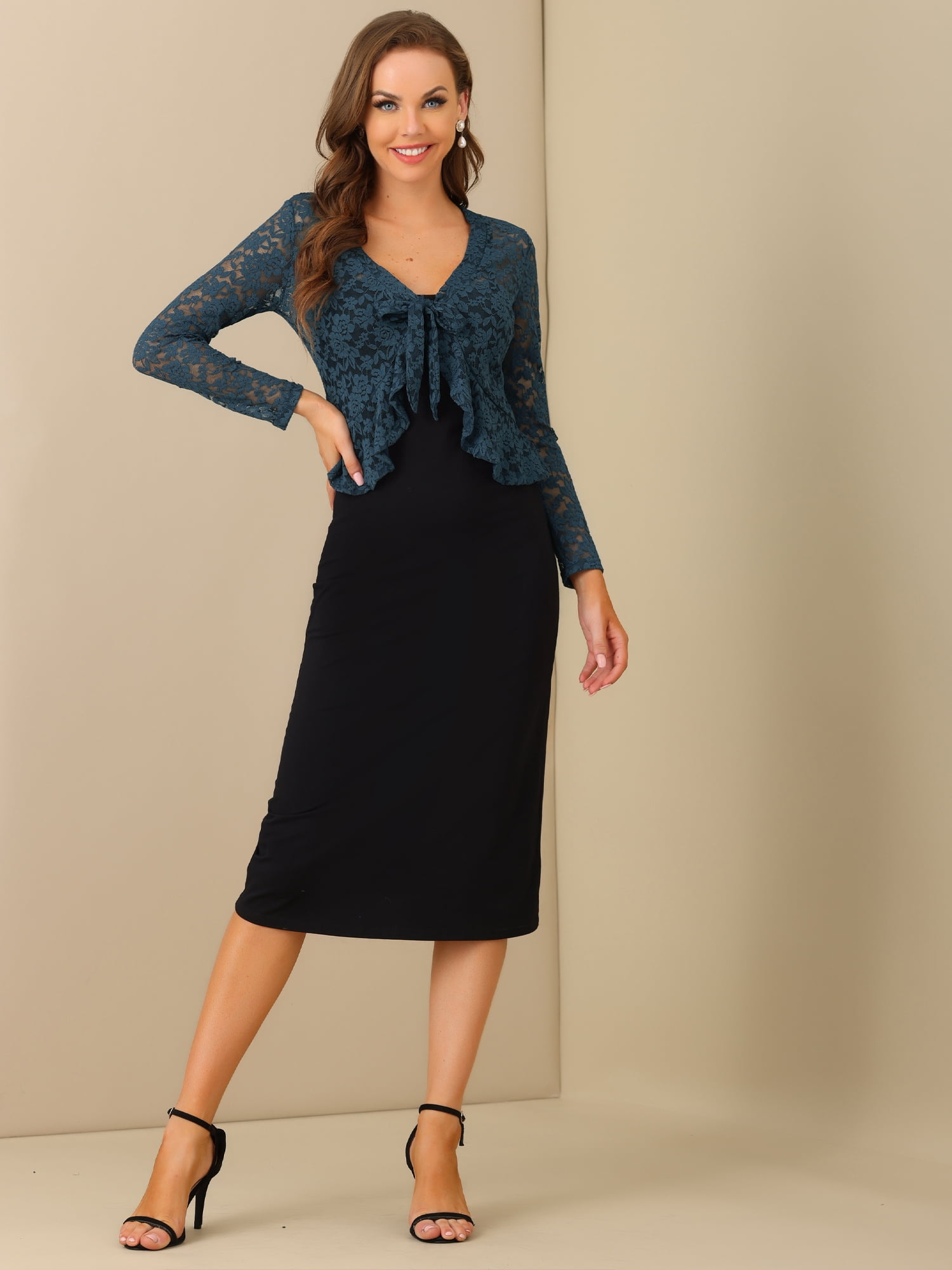 DARING DIVA Women's Ruffled Hem Floral Lace Crop Shrug Cardigan L Dark Blue Grey