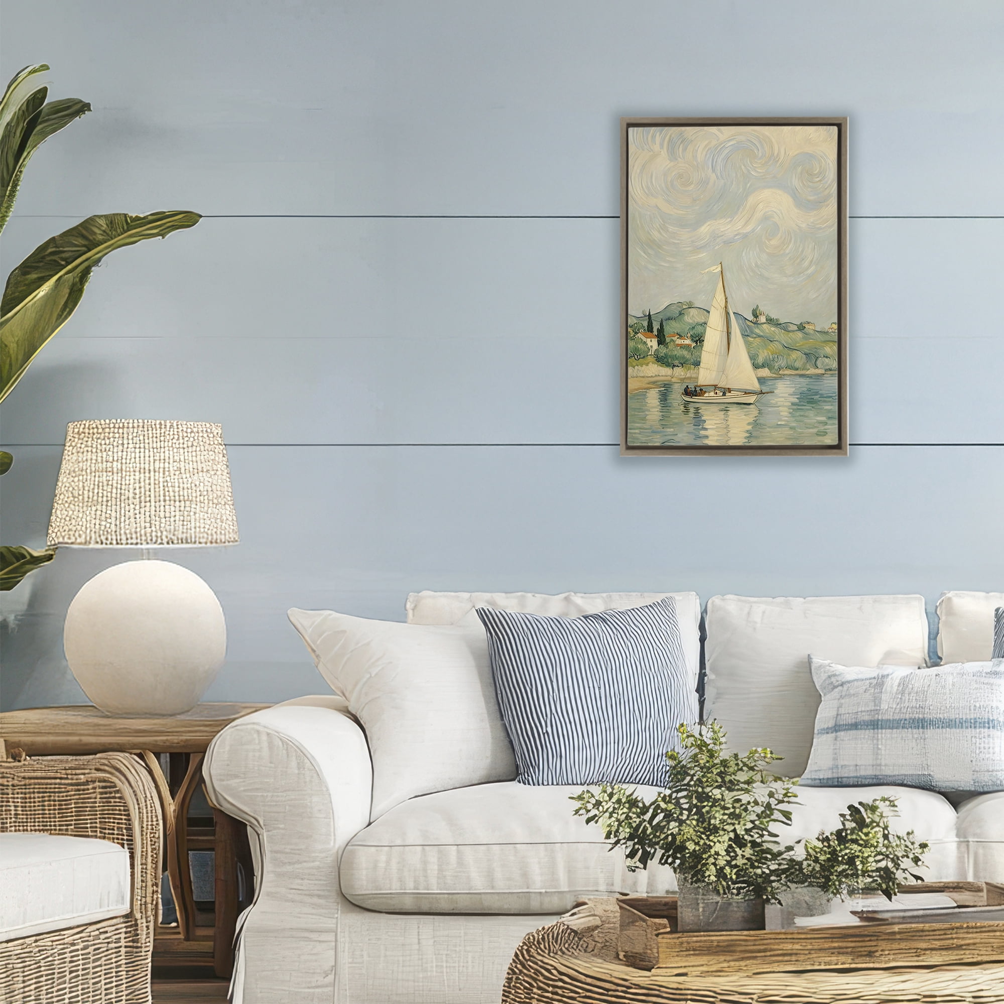 Stupell Industries Sailboat Beneath Swirling Clouds Brown Framed Floater Canvas Wall Art, design by Angie Hawke