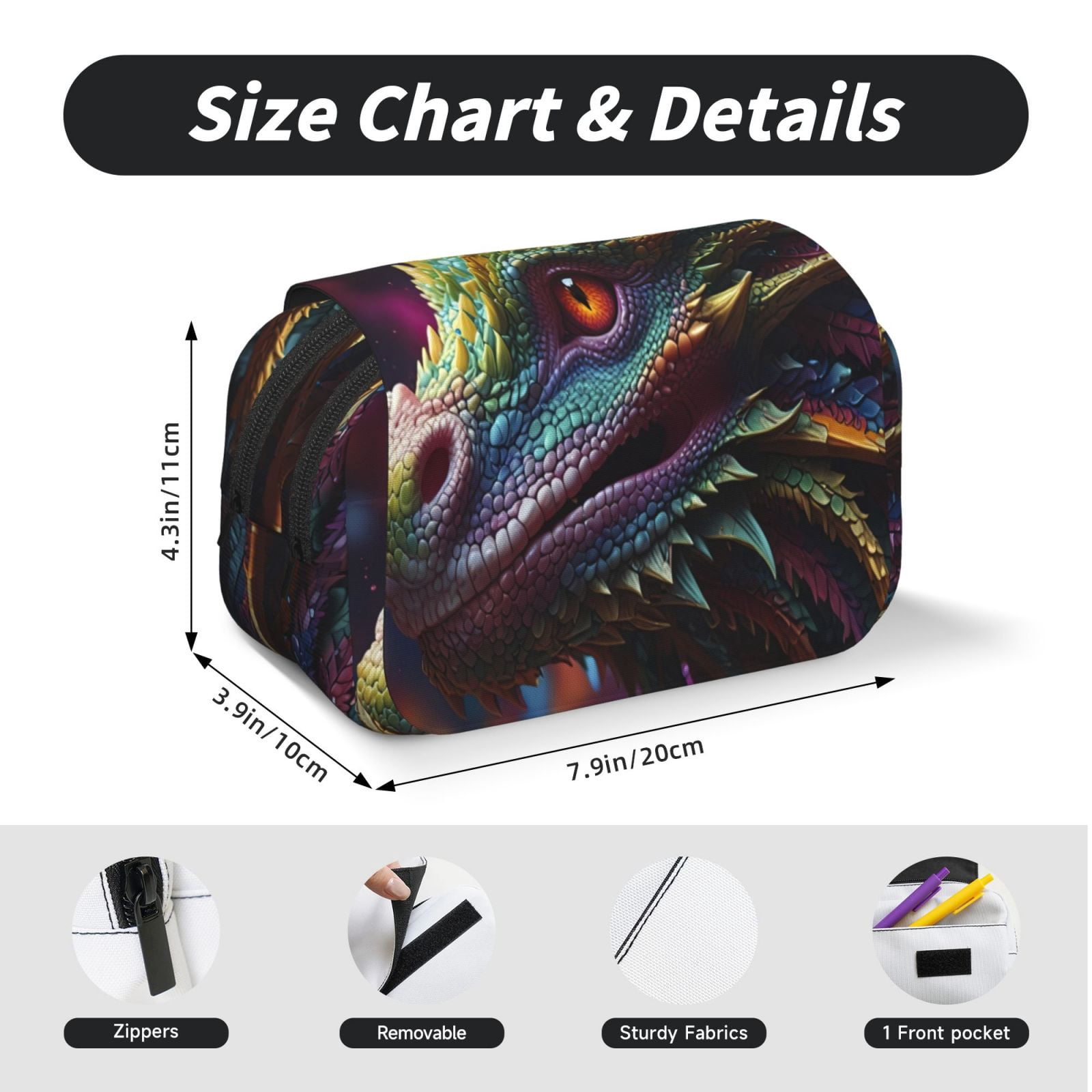 Rateoe Colorful Dragon Head Profile Pattern Double Clamshell Pen Case, Storage Organizer with Two Zipper Compartments– Holds Up to 50 Pencils & Pens