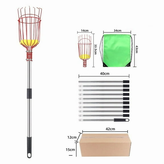 Fruit Picker Pole with Basket - Telescoping Long Handle Fruit Picker Tool for Harvesting Apples, Oranges, Avocados & More - Easy Assemble Stainless Steel Tree Fruit Catcher