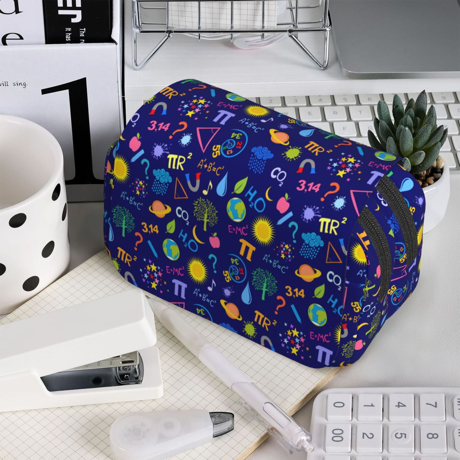 Rateoe Mathematics And Chemistry Pattern Double Clamshell Pen Case, Storage Organizer with Two Zipper Compartments– Holds Up to 50 Pencils & Pens