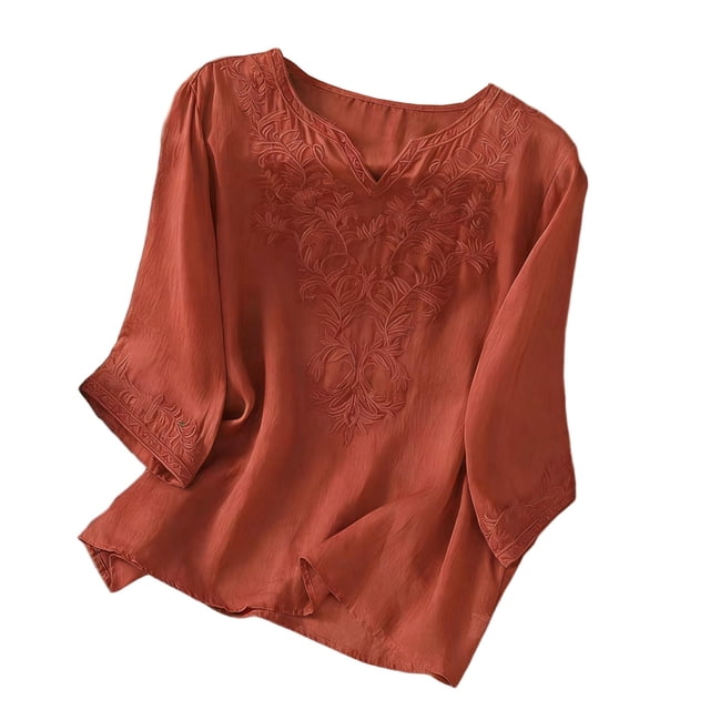 Tops de Lino para Mujeres Lino de Imitación Bordado Casual de Mediana Longitud con Cuello en V Manga Superior 3/4 para el Hogar Y el Uso Diario