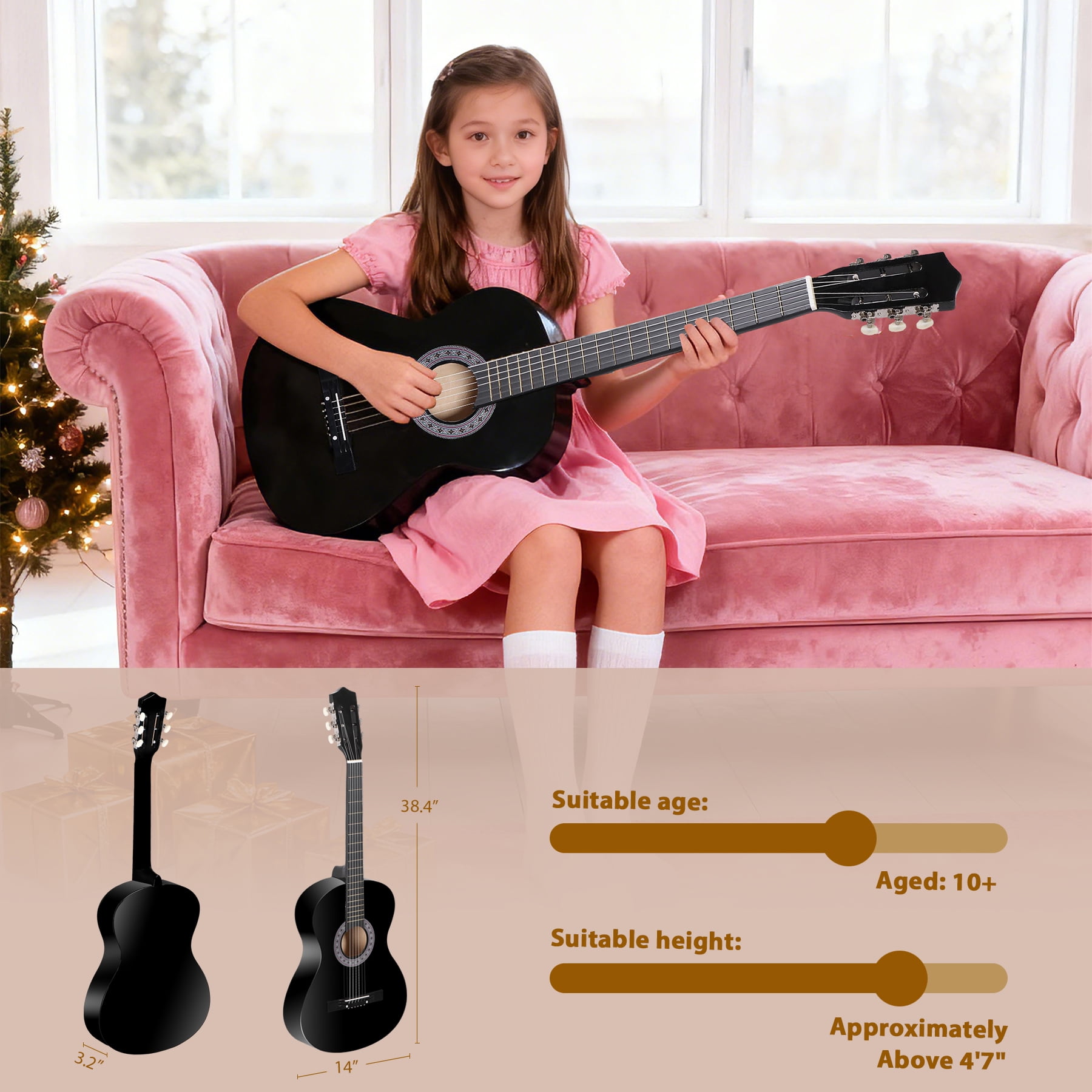 SuperDeal 38-Inch Round Shoulder Acoustic Guitar Kit 6 Strings Full Size Classic Beginners Children Adults All-Solid Wood with Carrying Case, Strap, Tuner and Pick, Black