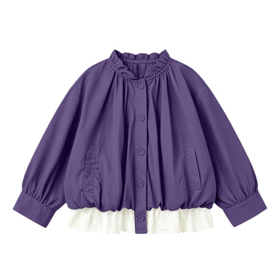 Girls Ruffled Collar Light Windbreaker Puff Long Sleeve Button Casual Jacket with Lace Trim Toddler Coats for Girls Outerwear