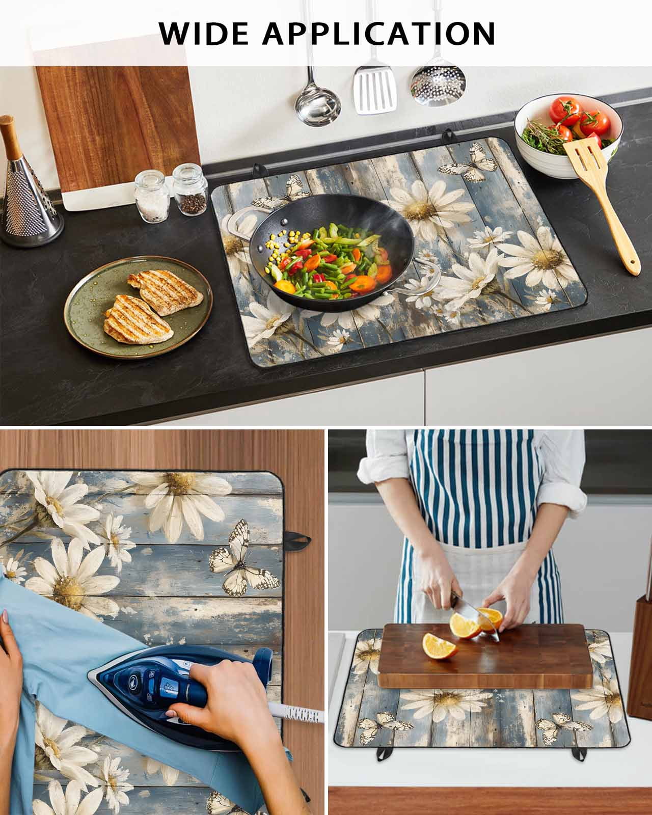 nqOlkjepod Large Induction Cooktop Protector Mat 24"x21", Vintage Daisy Stove Top Covers for Electric Stove, Vintage Farmhouse Butterfly Wooden Stove Burner Cover Mats, Glass Top Stove Cover