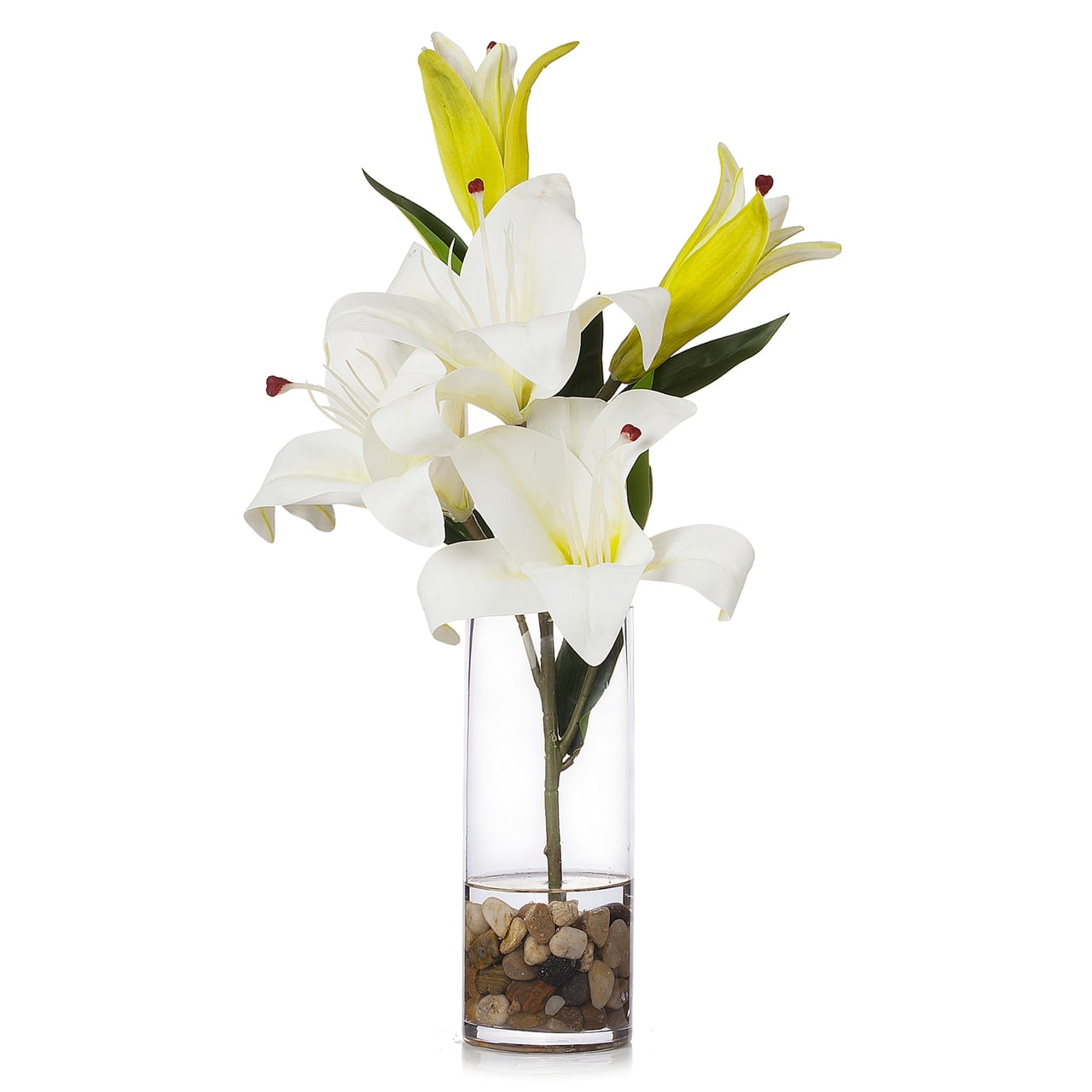 Cream Enova Home 3 Large Heads Artificial Real Touch Lilies Flower Arrangement in Glass Vase with Faux Water for Home Decoration