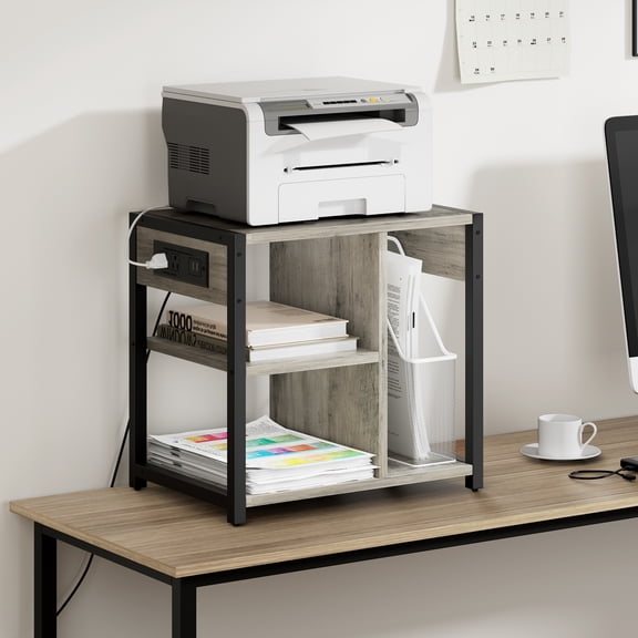 Compact 3-Tier Mobile Printer Stand with Storage Shelf – Power Outlets & USB Charging – Rolling Cart for Home Office Small Spaces