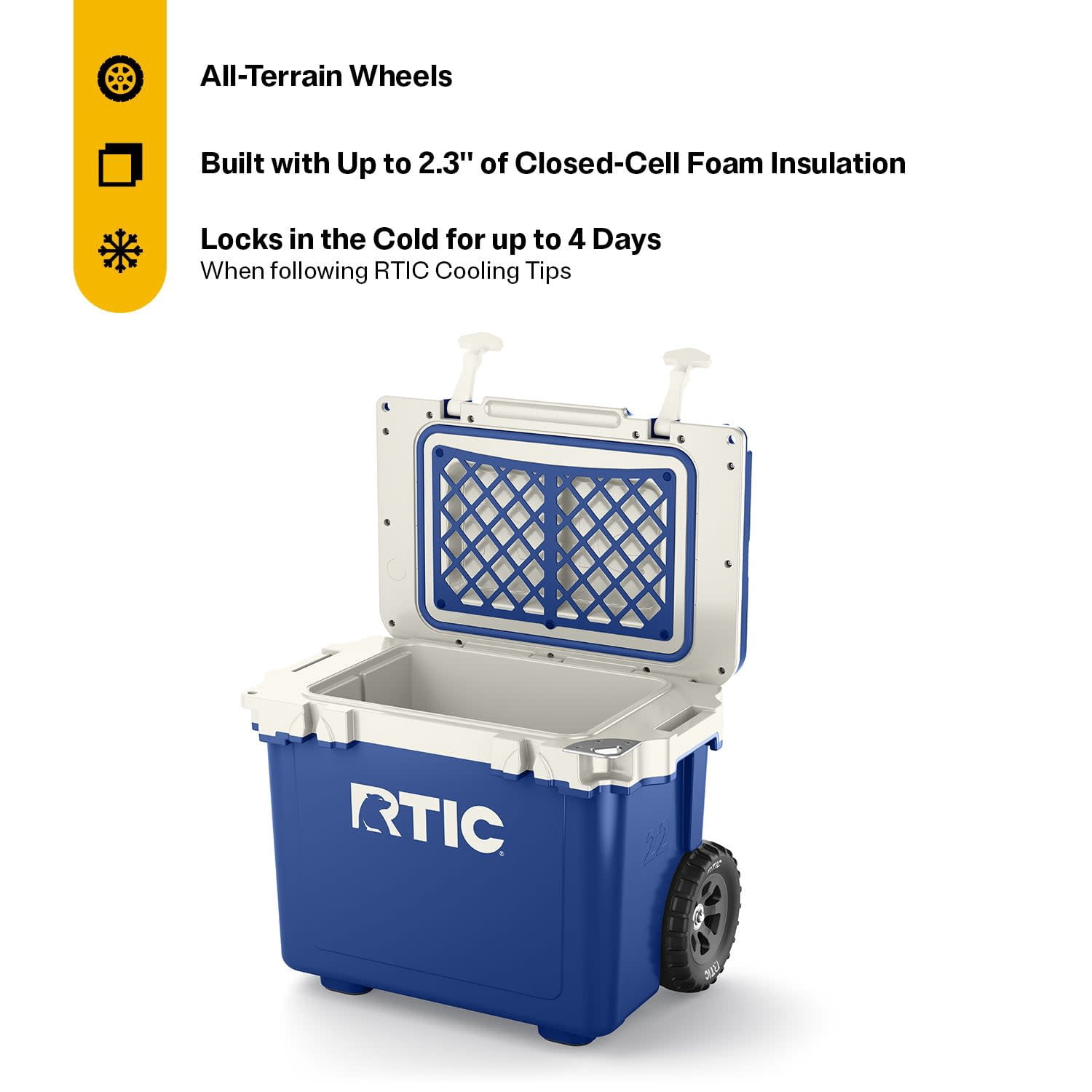 RTIC 22 QT Wheeled Hard-Sided Cooler, Fits 28 Cans or 6 Wine Bottles, Cobalt & White