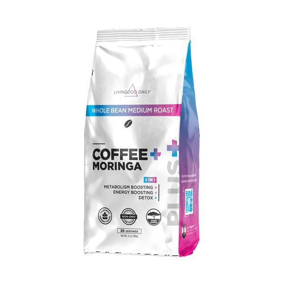 Livingood Daily Coffee with Moringa, Whole Bean Medium Roast Coffee with Plant Based Ingredients for Morning Energy, Made with Moringa Powder, Organic, Non GMO, Vegan, Gluten Free, 20 Srvgs, 12oz Bag