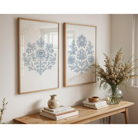 UNFFRAMED Blue Floral Toile Poster Set, Vintage Chinoiserie Wall Art Set 2 Prints 8x12