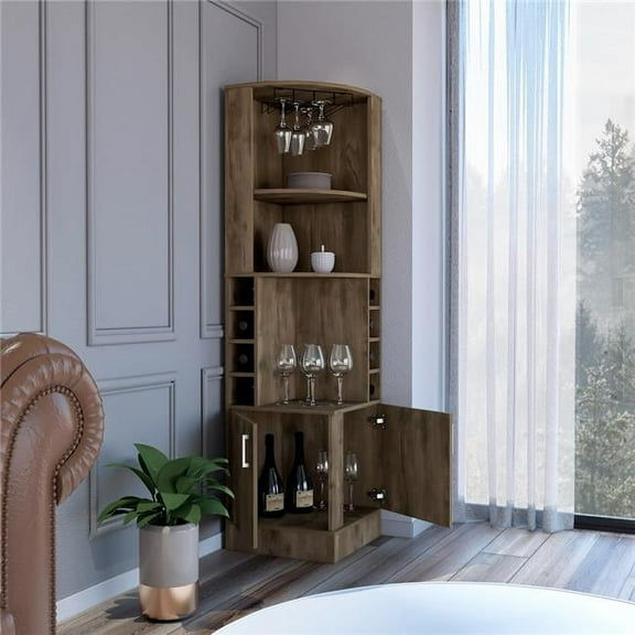 Depot E-Shop Egina Corner Bar Cabinet With 8 Wine Cubbies, 2 Cabinets, 2 Open Shelves, And Glass Rack, Dark Brown