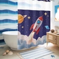 thumbnail image 5 of No Hook Shower Curtain with Built-in Rings - Cartoon Navy Blue Space Washable Waterproof Fabric Bathroom Curtains for Hotel,Rentals, 72 X 84 Inch Extra Long , Red 3D Rocket Yellow Stars, 5 of 9
