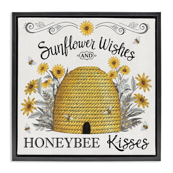 Stupell Industries Sunflower Wishes Honeybee Kisses Plants & Flowers Painting Black Floater Framed Canvas Art Print Wall Art, 18 x 18