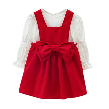 

Kids Toddler Baby Girls Long Ruffled Sleeve Solid Tops Bowknot Suspender Skirt 2PCS Set Baby And Blanket Girl Outfits Teens