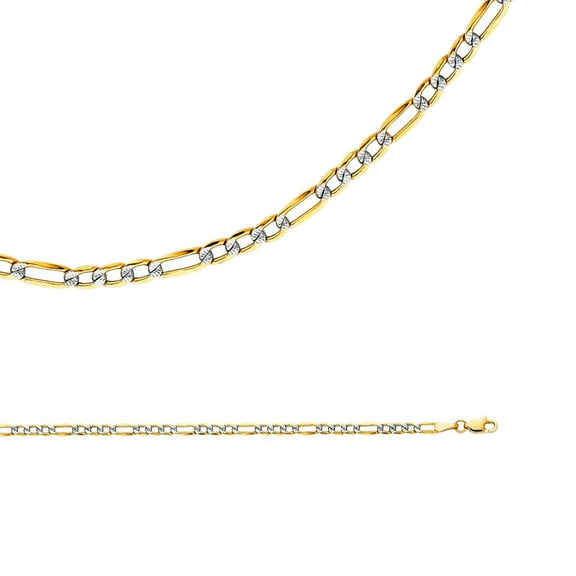 Solid 14k Yellow White Gold Necklace Figaro Chain Hollow Pave 3 1 Links Two Tone 3.5 mm 18 inch