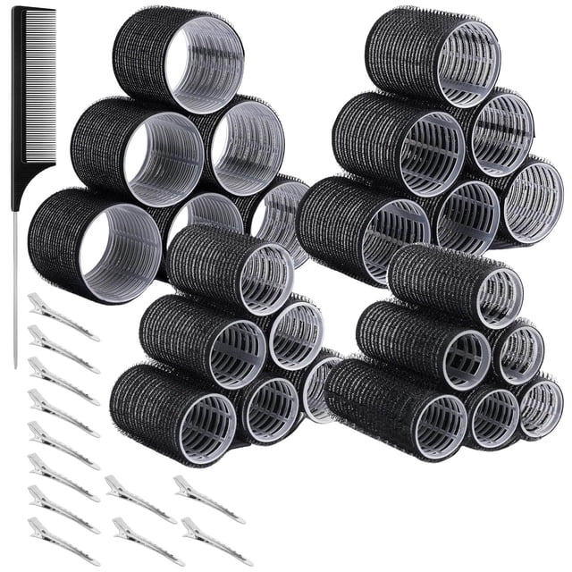 37 rulos de 4 tamaños: 63 mm, 48 mm, 36 mm y 25 mm; 12 pinzas de acero inoxidable y un peine para cabello largo y corto