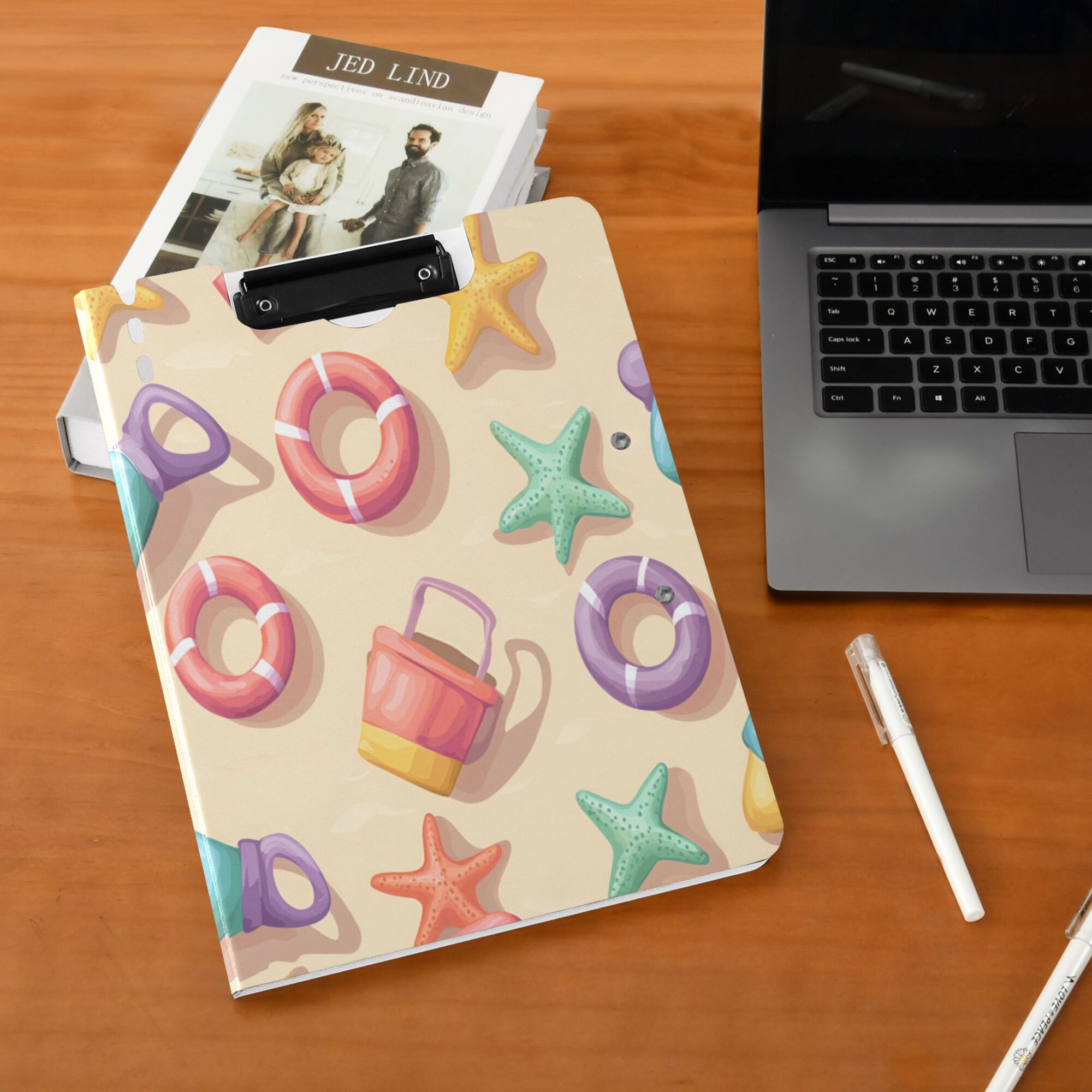 FORMRS A4 Clipboard Folder with Pen Holder Horizontal Foldable School Office Binder, Beach Toys Pattern