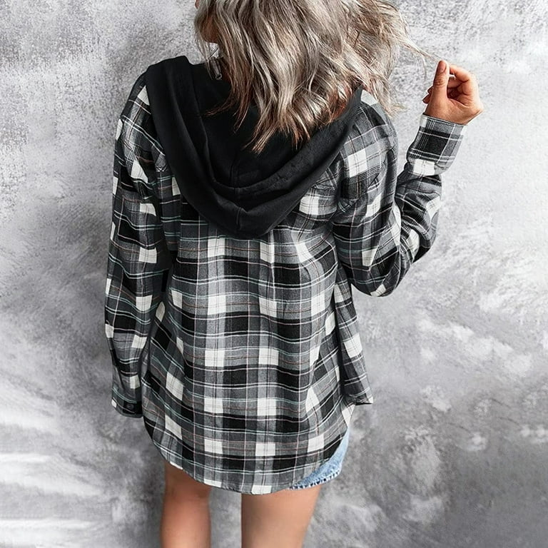 jsaierl Women's Plaid Button Long Sleeve Hoodie Overshirt - Walmart.com