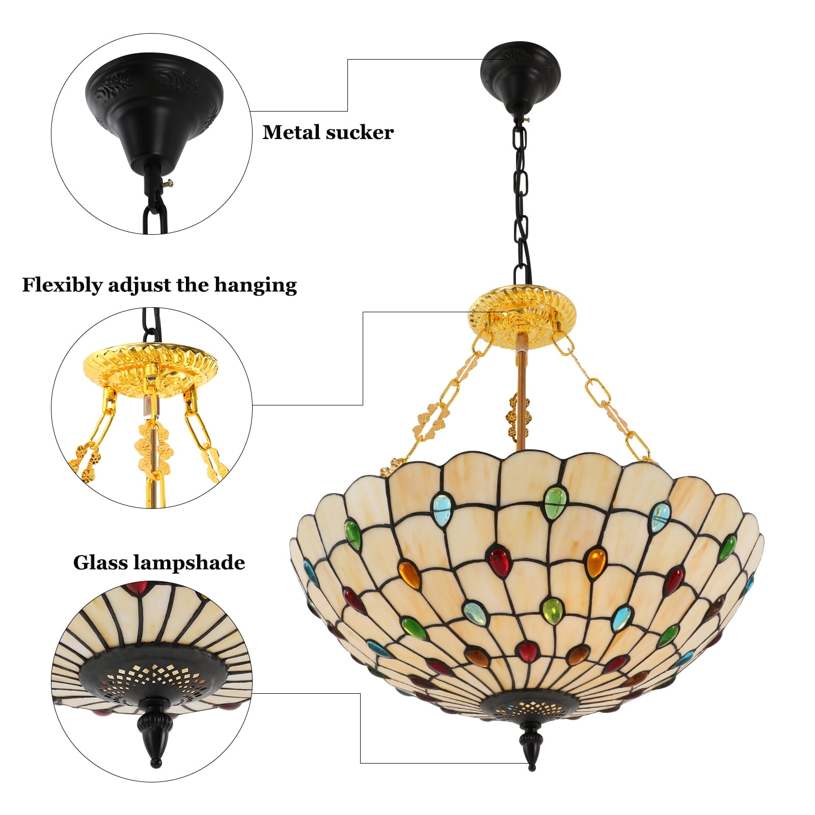 5-Light Chandelier, Ceiling Mount Light Fixture, Colorful Tiffany-Style Pendant Light for Elegant Home Decor (5 x E26 (Not Included)