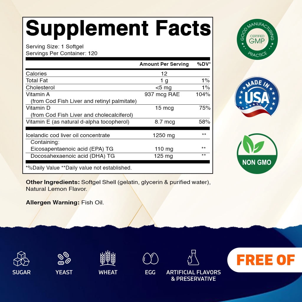 3 Pack - Vitamatic Icelandic Cod Liver Oil 1250mg 120 Softgels (Lemon Flavor) - Promotes Cardiovascular Health