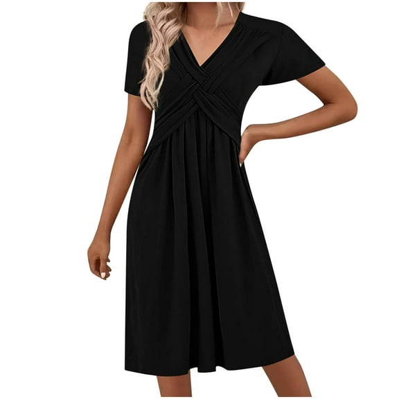 Efsteb A Line Dresses for Women Fashion Elegant Dress Short Sleeve Spring V-Neck Solid Color Loose Pleated Midi Dresses ,Size:S