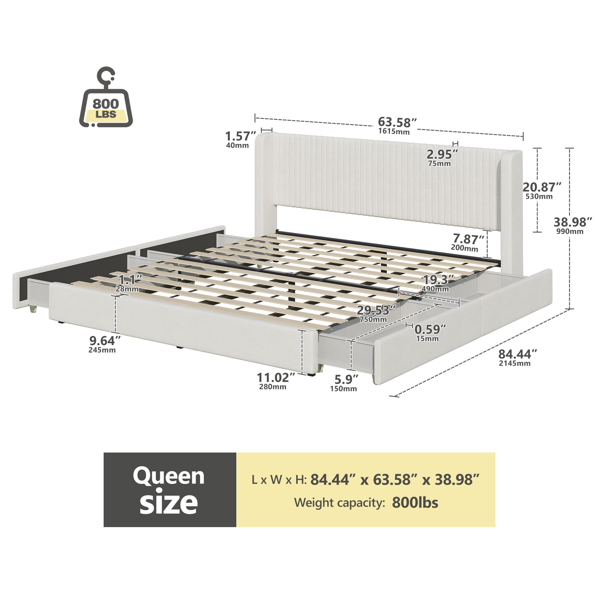 COOLHUT Upholstered Queen Size Platform Bed Frame with 4 Storage Drawers and Headboard, Wing Edge Design/Noise-Free/Wooden Slats Support/No Box Spring Needed/Easy Assembly, White