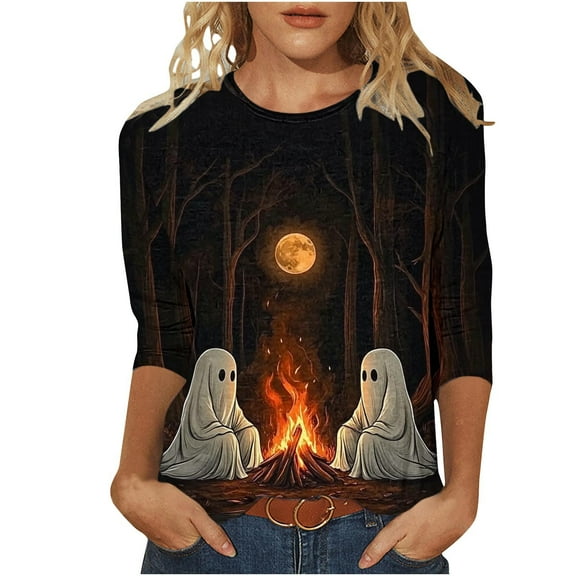 Womens 3/4 Length Sleeve Blouses Fashion Halloween Printed Round Neck T-Shirt Plus Size Tunic Tops Loose Shirts Pullover Costumes Blouse