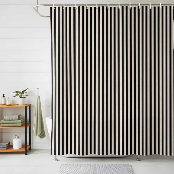 Shower Curtains for Bathroom, Black Striped Waterproof Fabric Shower Curtain, Modern Simple Farmhouse Beige Vintage Decorative Bathroom Curtain for Bathtub, 66"x72", No Hooks Included