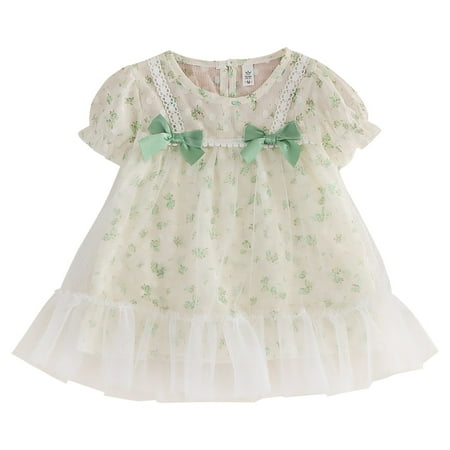 

ZIZOCWA Easter Dress Toddler Girls Short Sleeve Bow Lace Dress Floral Prints Princess Dress Clothes Snowflake Dress Girls Imported Dresses 4T GreenS