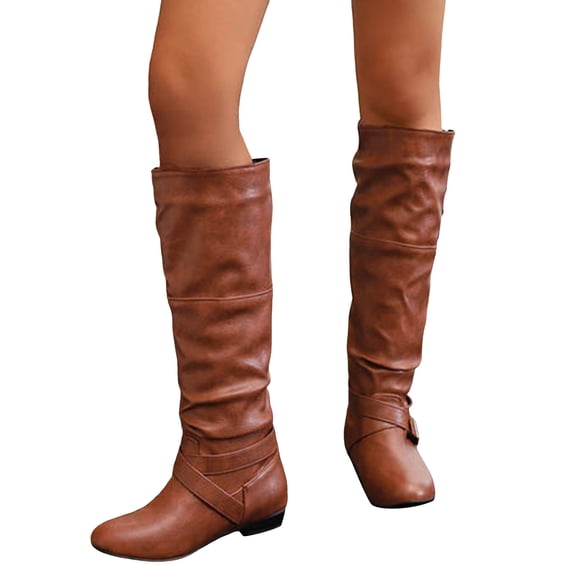 Slouchy Knee High boots Women Buckle Strap Low Heel Riding Booties Vintage Leather Pull on Wide Mid Calf Fall Winter Long Boots Yellow Size 8.5