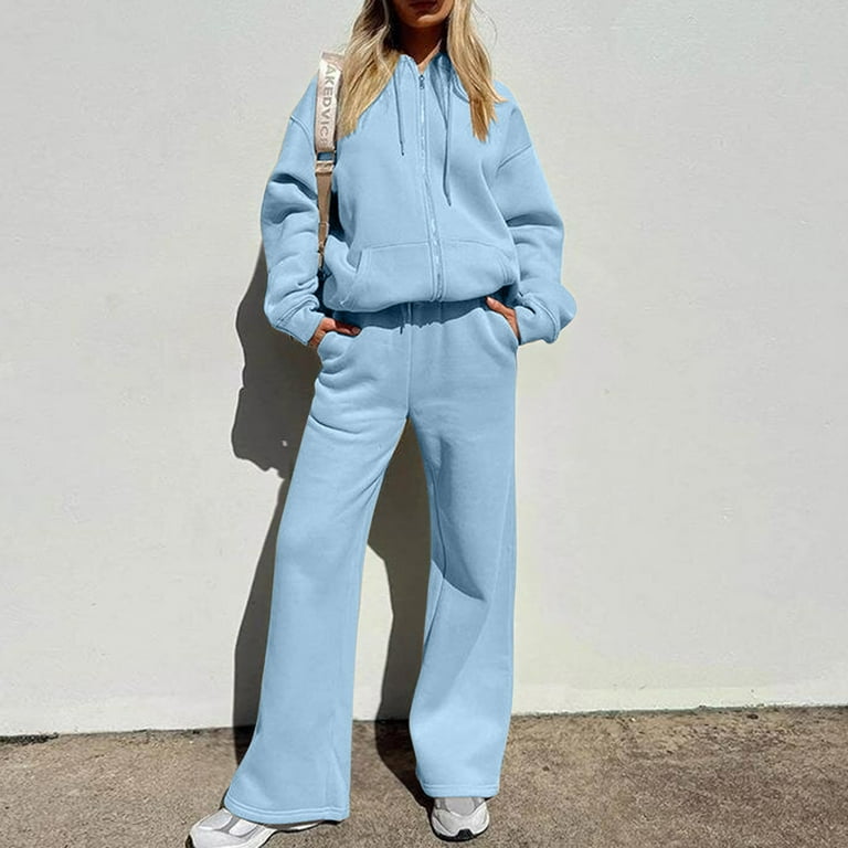 RQYYD Womens Drawstring Sweatsuits Set 2 Piece Outfits Hooded Sweatshirt &  Sweatpants Full Zip Hoodie Tracksuits Sportswear with Pockets Light Blue L  