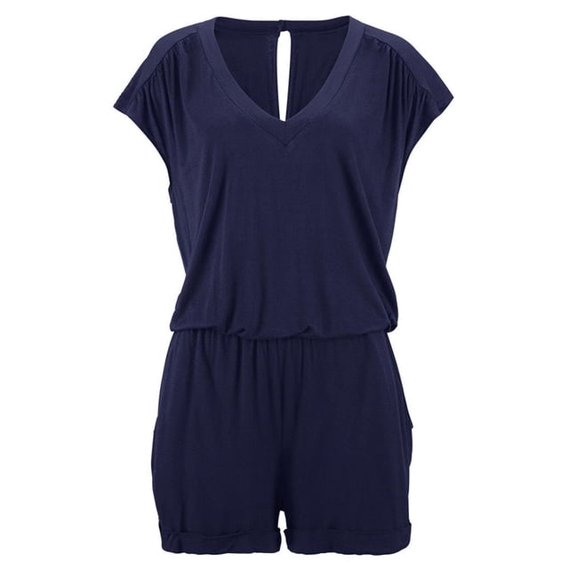 Yuarrent Mono de verano liso de algodón con cuello en V para mujer, mono de manga corta para niña Deportes acuáticos Azul real METRO